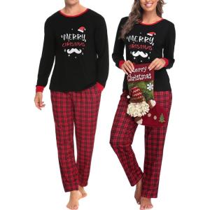 imageSWOMOG Couple Pajama Set Christmas Matching Family Long Sleeve Pj Set Xmas Printed Sleepwear MenampampWomen Plaid Pant with PocketBlack Merry Christmasplaid