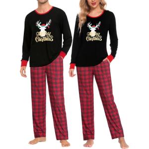 imageSWOMOG Couple Pajama Set Christmas Matching Family Long Sleeve Pj Set Xmas Printed Sleepwear MenampampWomen Plaid Pant with PocketBlack Xmas Reindeerplaid