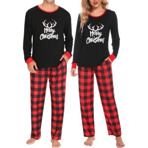imageSWOMOG Couple Pajama Set Christmas Matching Family Long Sleeve Pj Set Xmas Printed Sleepwear MenampampWomen Plaid Pant with PocketMerry Christmasplaid