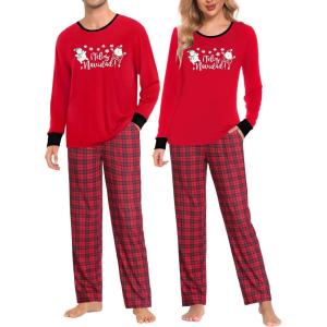 imageSWOMOG Couple Pajama Set Christmas Matching Family Long Sleeve Pj Set Xmas Printed Sleepwear MenampampWomen Plaid Pant with PocketRed Snowmanplaid