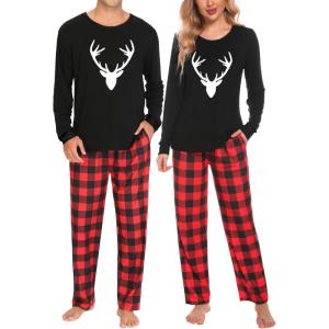 imageSWOMOG Couple Pajama Set Christmas Matching Family Long Sleeve Pj Set Xmas Printed Sleepwear MenampampWomen Plaid Pant with PocketReindeer Plaid