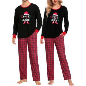 imageSWOMOG Couple Pajama Set Christmas Matching Family Long Sleeve Pj Set Xmas Printed Sleepwear MenampampWomen Plaid Pant with PocketSanta Clausplaid