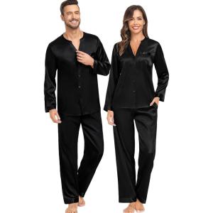 imageSWOMOG Matching Couple Pajamas Set Family Satin Silk Pjs Button Loungewear Men and Women Long Sleeve SleepwearBlack