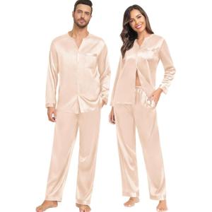 imageSWOMOG Matching Couple Pajamas Set Family Satin Silk Pjs Button Loungewear Men and Women Long Sleeve SleepwearChampagne
