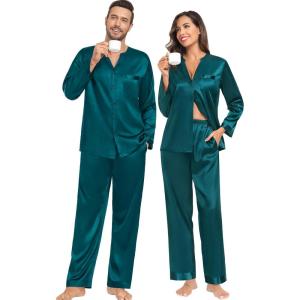 imageSWOMOG Matching Couple Pajamas Set Family Satin Silk Pjs Button Loungewear Men and Women Long Sleeve SleepwearGreen