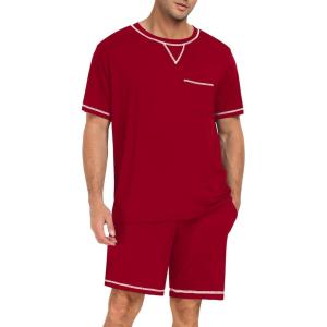 imageSWOMOG Men Modal Pajamas Set Comfy Sleepwear Short Sleeve Pjs Set Soft 2 Piece Lounge Set Cozy Nightwear with PocketsRed