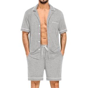 imageSWOMOG Mens Pajama Sets Short Sleeve Sleepwear Button Down Loungewear Soft Modal Lounge Pjs with Pockets SXXLGrey