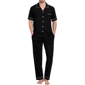 imageSWOMOG Mens Pajama Sets Short Sleeve Sleepwear Button Down Loungewear Soft Modal Lounge Pjs with Pockets SXXLLong Pantsblack