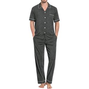 imageSWOMOG Mens Pajama Sets Short Sleeve Sleepwear Button Down Loungewear Soft Modal Lounge Pjs with Pockets SXXLLong Pantsdark Grey