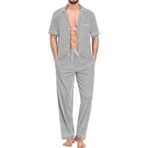 imageSWOMOG Mens Pajama Sets Short Sleeve Sleepwear Button Down Loungewear Soft Modal Lounge Pjs with Pockets SXXLLong Pantsgrey
