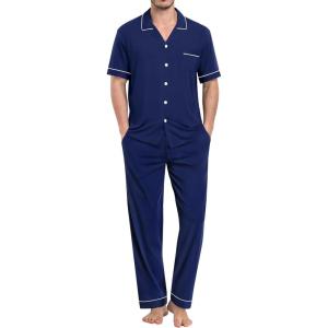 imageSWOMOG Mens Pajama Sets Short Sleeve Sleepwear Button Down Loungewear Soft Modal Lounge Pjs with Pockets SXXLLong Pantsnavy Blue