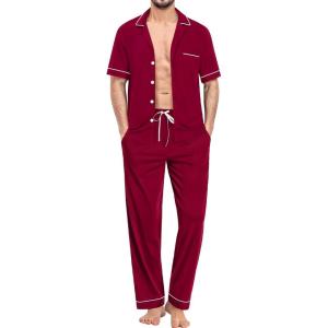 imageSWOMOG Mens Pajama Sets Short Sleeve Sleepwear Button Down Loungewear Soft Modal Lounge Pjs with Pockets SXXLLong Pantswine Red