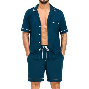 imageSWOMOG Mens Pajama Sets Short Sleeve Sleepwear Button Down Loungewear Soft Modal Lounge Pjs with Pockets SXXLOxford Blue