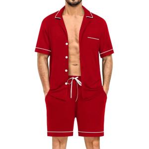 imageSWOMOG Mens Pajama Sets Short Sleeve Sleepwear Button Down Loungewear Soft Modal Lounge Pjs with Pockets SXXLRed