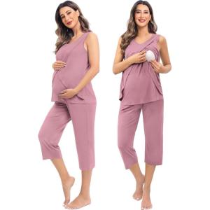 imageSWOMOG Women Maternity Pajama Set Nursing Pjs Double Layer Sleeveless Top Capri Pregnancy Set Breastfeeding Pjs with PocketsTaro Purple