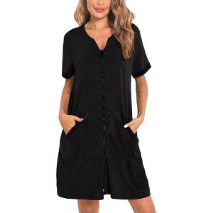 imageSWOMOG Women Zipper Up Robe Short Sleeves Nightgown Zip Front Housecoat Soft Bathrobe with PocketsBlack Grey