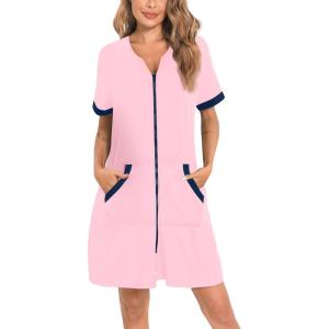 imageSWOMOG Women Zipper Up Robe Short Sleeves Nightgown Zip Front Housecoat Soft Bathrobe with PocketsPink