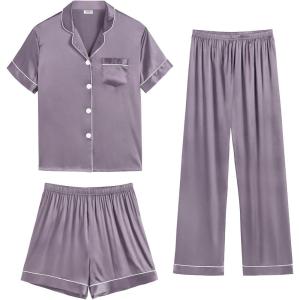 imageSWOMOG Womens 3pcs Pajamas Set Silk Satin Short Sleeve Sleepwear Button Down Loungewear Pjs NightwearChestnut