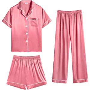 imageSWOMOG Womens 3pcs Pajamas Set Silk Satin Short Sleeve Sleepwear Button Down Loungewear Pjs NightwearCoral Red