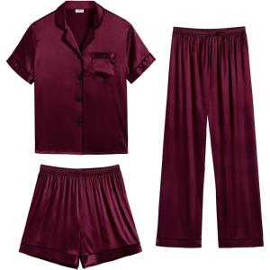 imageSWOMOG Womens 3pcs Pajamas Set Silk Satin Short Sleeve Sleepwear Button Down Loungewear Pjs NightwearDeep Wine Red