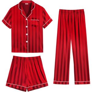 imageSWOMOG Womens 3pcs Pajamas Set Silk Satin Short Sleeve Sleepwear Button Down Loungewear Pjs NightwearRed Stripe