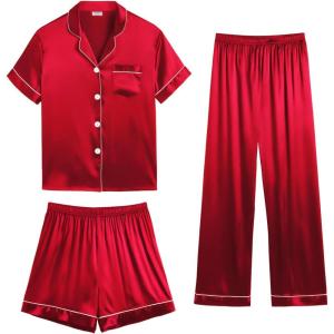 imageSWOMOG Womens 3pcs Pajamas Set Silk Satin Short Sleeve Sleepwear Button Down Loungewear Pjs NightwearReda