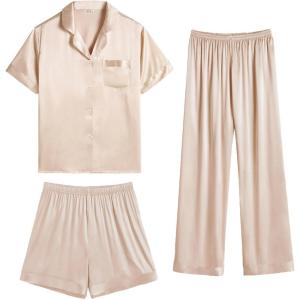imageSWOMOG Womens 3pcs Pajamas Set Silk Satin Short Sleeve Sleepwear Button Down Loungewear Pjs NightwearSolid Champagne