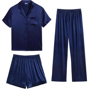imageSWOMOG Womens 3pcs Pajamas Set Silk Satin Short Sleeve Sleepwear Button Down Loungewear Pjs NightwearSolid Navy Blue