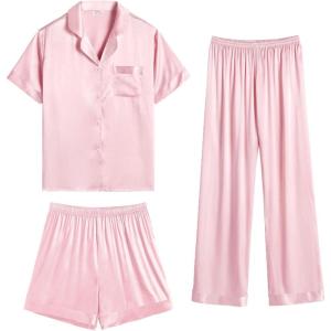 imageSWOMOG Womens 3pcs Pajamas Set Silk Satin Short Sleeve Sleepwear Button Down Loungewear Pjs NightwearSolid Pink