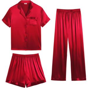 imageSWOMOG Womens 3pcs Pajamas Set Silk Satin Short Sleeve Sleepwear Button Down Loungewear Pjs NightwearSolid Red