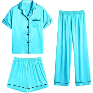 imageSWOMOG Womens 3pcs Pajamas Set Silk Satin Short Sleeve Sleepwear Button Down Loungewear Pjs NightwearTf Blue