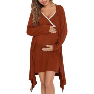 imageSWOMOG Womens Maternity Robe 2 Piece Nursing Nightgown for Breastfeeding 3 in 1 Labor Delivery Nursing Dress Lace BathrobeCoffee