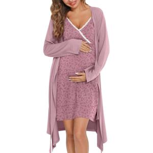 imageSWOMOG Womens Maternity Robe 2 Piece Nursing Nightgown for Breastfeeding 3 in 1 Labor Delivery Nursing Dress Lace BathrobeFloral Print Leopard