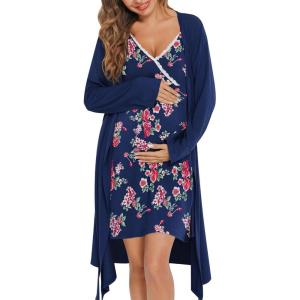 imageSWOMOG Womens Maternity Robe 2 Piece Nursing Nightgown for Breastfeeding 3 in 1 Labor Delivery Nursing Dress Lace BathrobeFloral Print Navy Blue
