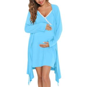 imageSWOMOG Womens Maternity Robe 2 Piece Nursing Nightgown for Breastfeeding 3 in 1 Labor Delivery Nursing Dress Lace BathrobeLight Sky Blue