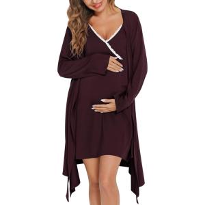 imageSWOMOG Womens Maternity Robe 2 Piece Nursing Nightgown for Breastfeeding 3 in 1 Labor Delivery Nursing Dress Lace BathrobeMaroon