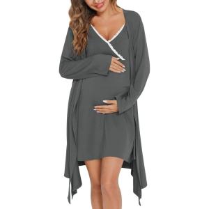 imageSWOMOG Womens Maternity Robe 2 Piece Nursing Nightgown for Breastfeeding 3 in 1 Labor Delivery Nursing Dress Lace BathrobeMistygray