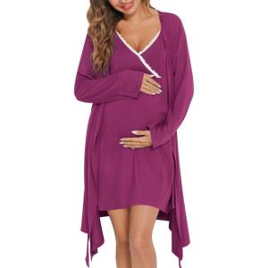 imageSWOMOG Womens Maternity Robe 2 Piece Nursing Nightgown for Breastfeeding 3 in 1 Labor Delivery Nursing Dress Lace BathrobeWineberry