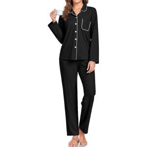 imageSWOMOG Womens Pajamas Set Long Sleeve Sleepwear Button Down Nightwear Soft Cotton Pj Lounge SetsNew Collarblack