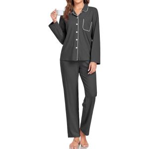 imageSWOMOG Womens Pajamas Set Long Sleeve Sleepwear Button Down Nightwear Soft Cotton Pj Lounge SetsNew Collardark Gray