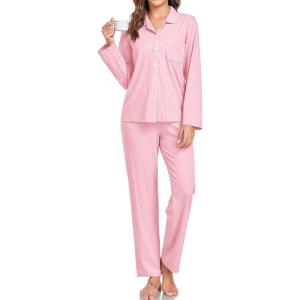 imageSWOMOG Womens Pajamas Set Long Sleeve Sleepwear Button Down Nightwear Soft Cotton Pj Lounge SetsNew Collarlight Pink