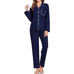 imageSWOMOG Womens Pajamas Set Long Sleeve Sleepwear Button Down Nightwear Soft Cotton Pj Lounge SetsNew Collarnavy Blue