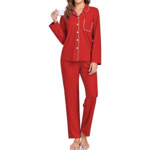 imageSWOMOG Womens Pajamas Set Long Sleeve Sleepwear Button Down Nightwear Soft Cotton Pj Lounge SetsNew Collarred