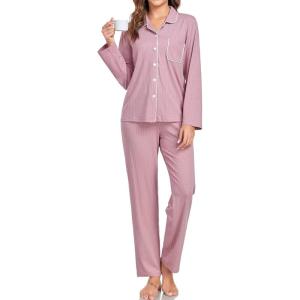 imageSWOMOG Womens Pajamas Set Long Sleeve Sleepwear Button Down Nightwear Soft Cotton Pj Lounge SetsNew Collartaro Pink