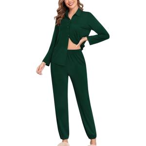 imageSWOMOG Womens Pajamas Set Long Sleeve Sleepwear Button Down Nightwear Soft Cotton Pj Lounge SetsSolidarmy Green