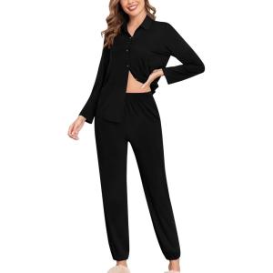 imageSWOMOG Womens Pajamas Set Long Sleeve Sleepwear Button Down Nightwear Soft Cotton Pj Lounge SetsSolidblack