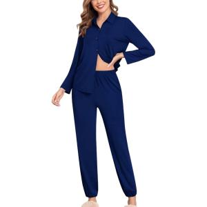 imageSWOMOG Womens Pajamas Set Long Sleeve Sleepwear Button Down Nightwear Soft Cotton Pj Lounge SetsSolidnavy Blue