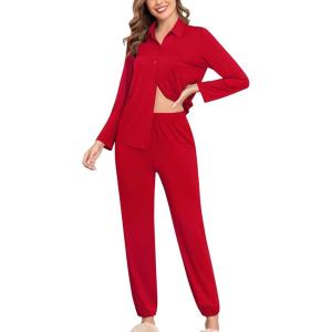 imageSWOMOG Womens Pajamas Set Long Sleeve Sleepwear Button Down Nightwear Soft Cotton Pj Lounge SetsSolidred