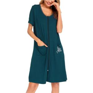 imageSWOMOG Womens Zip Up Housecoat Zipper Front Robe Lightweight Bathrobe Short Sleeve Loungewear Nightgowns with PocketsBlue Green