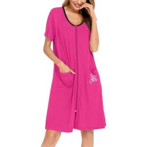 imageSWOMOG Womens Zip Up Housecoat Zipper Front Robe Lightweight Bathrobe Short Sleeve Loungewear Nightgowns with PocketsRose Pink